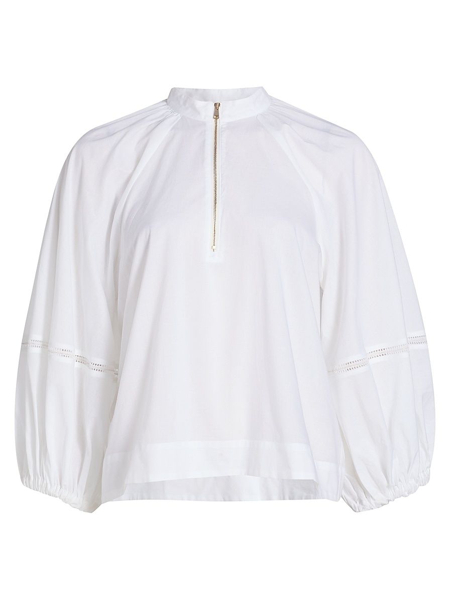 Women's Balloon-Sleeve Cotton Muslin Half-Zip Shirt - Bianco Ottico - Size 8