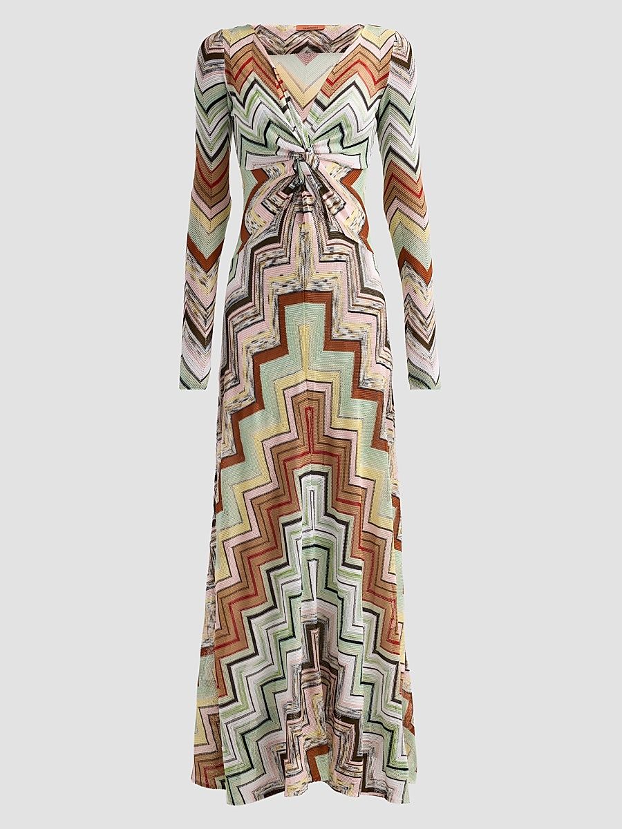 Women's Geometric Twist Maxi Dress - Green Camel White Pink Multi - Size 4