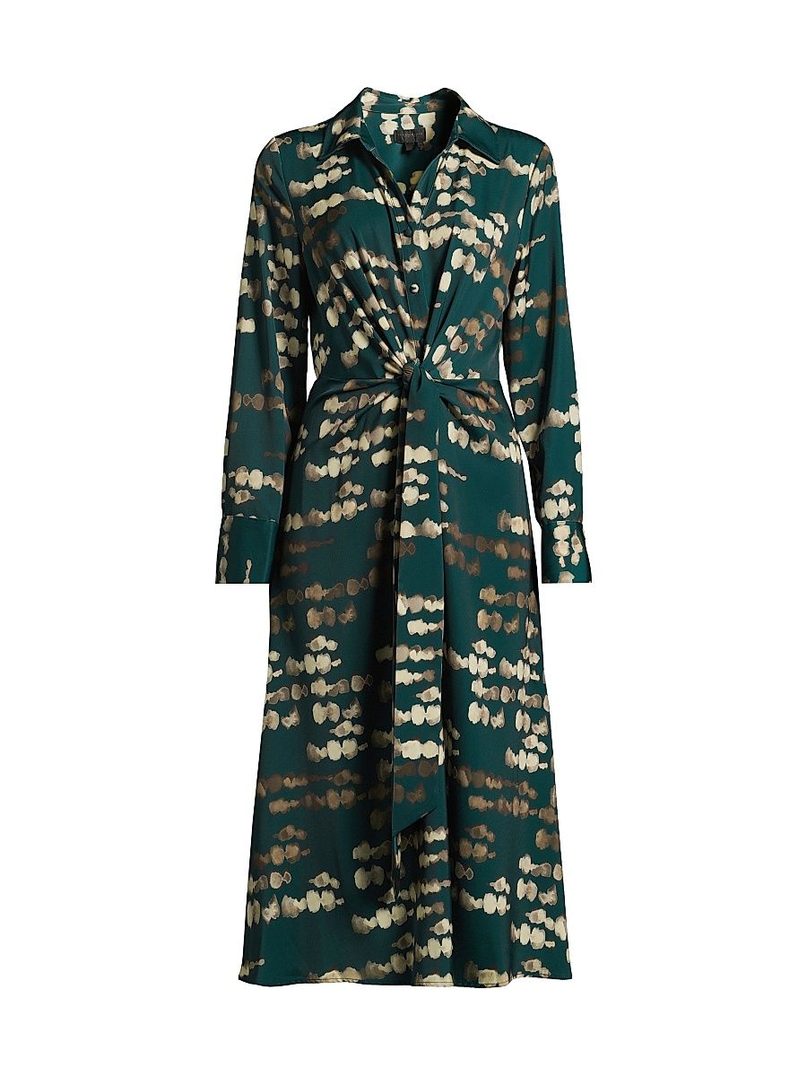 Women's Abstract-Print Gathered Stretch-Satin Midi Shirtdress - Hudson Gold - Size 6