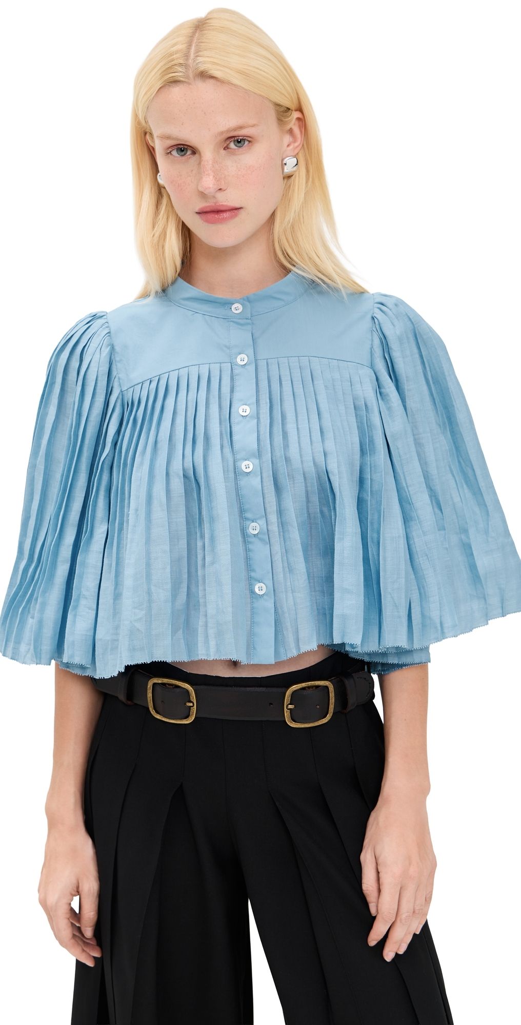Sea Solene Solid Pleated Top Blue M