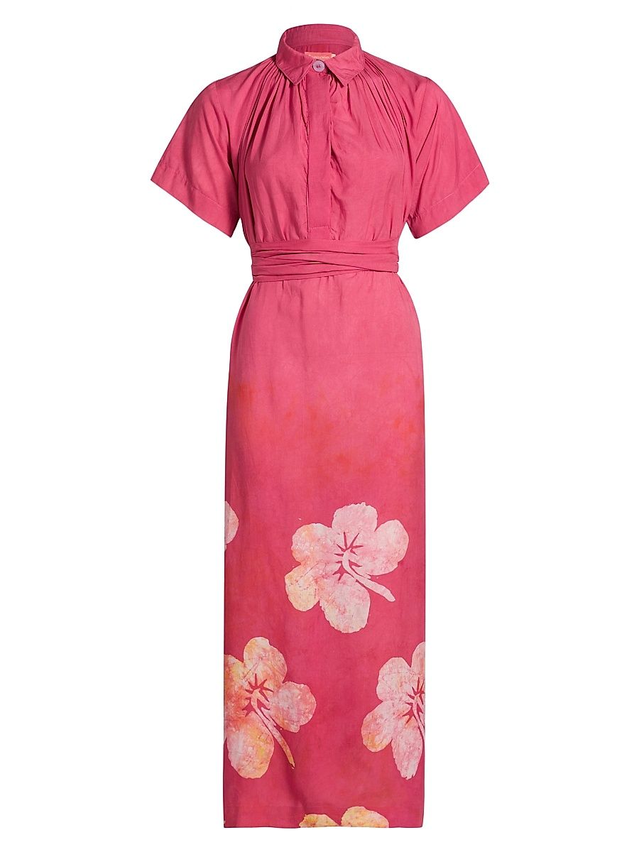 Women's Issa Floral Cotton Belted A-Line Midi-Dress - Pink - Size Large