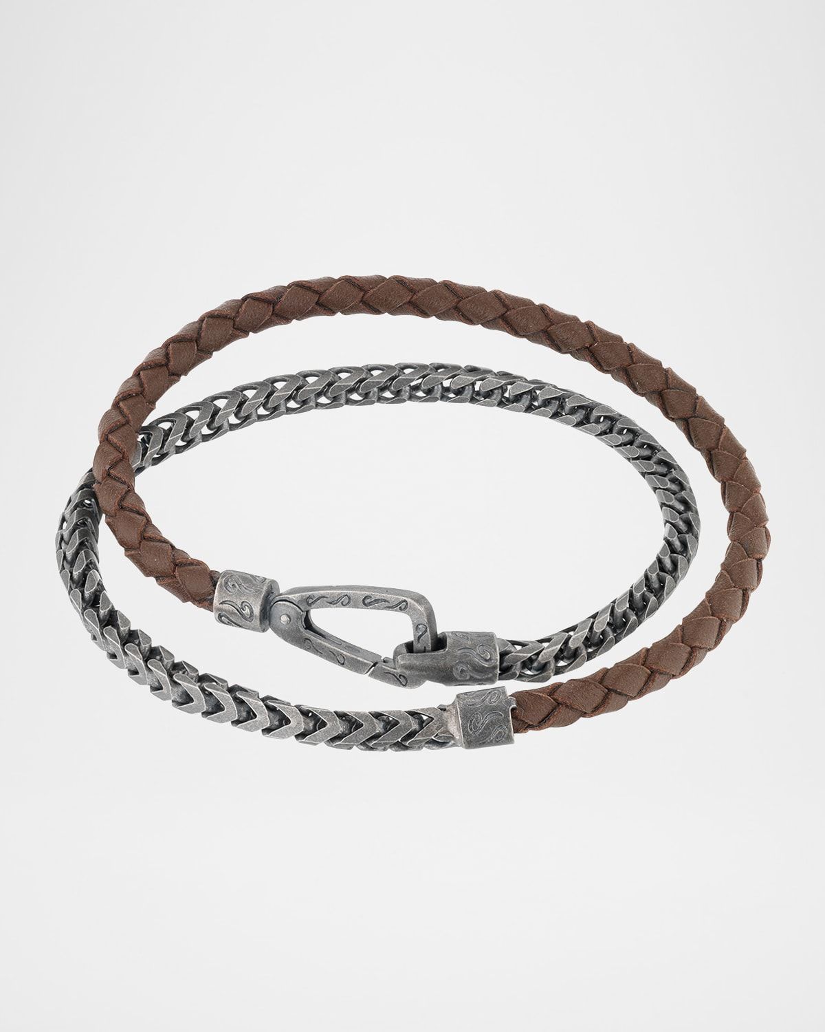 Men & apos;s Lash Double Wrap Leather Franco Chain Combo Bracelet with Push Clasp