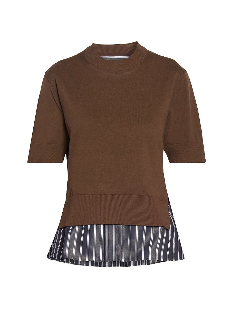 Women's Belted Poplin Cotton Pullover Sweater - Navy Blue Stripe - Size XL