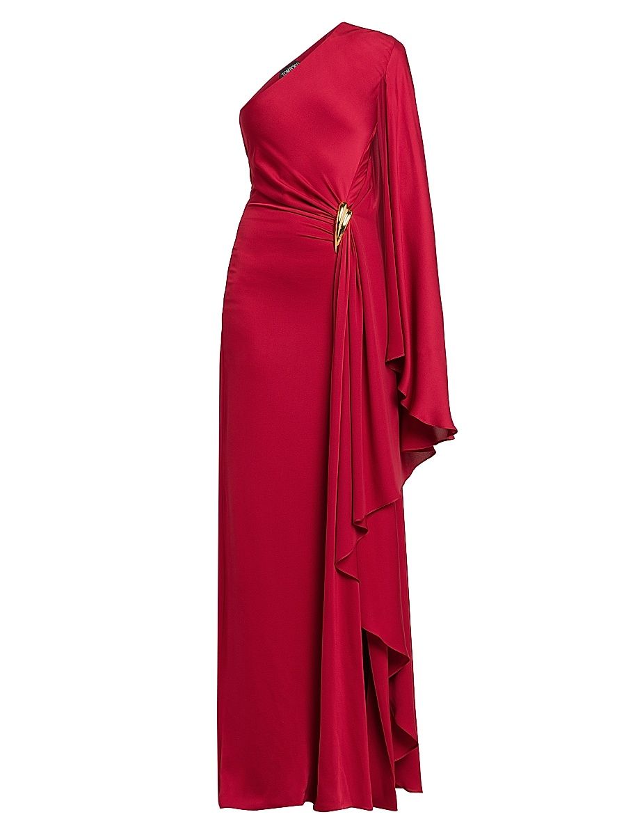 Women's One-Shoulder Silk Satin Drape Gown - Crimson - Size 6