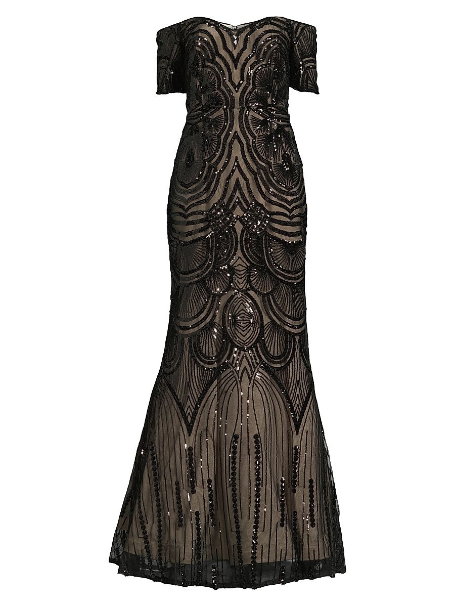 Women's Sequined Short-Sleeve Gown - Black Beige - Size 14