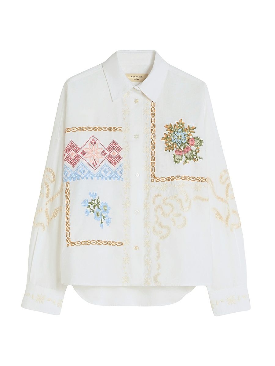 Women's Cotton Blouse with Lace and Embroideries - White - Size 16