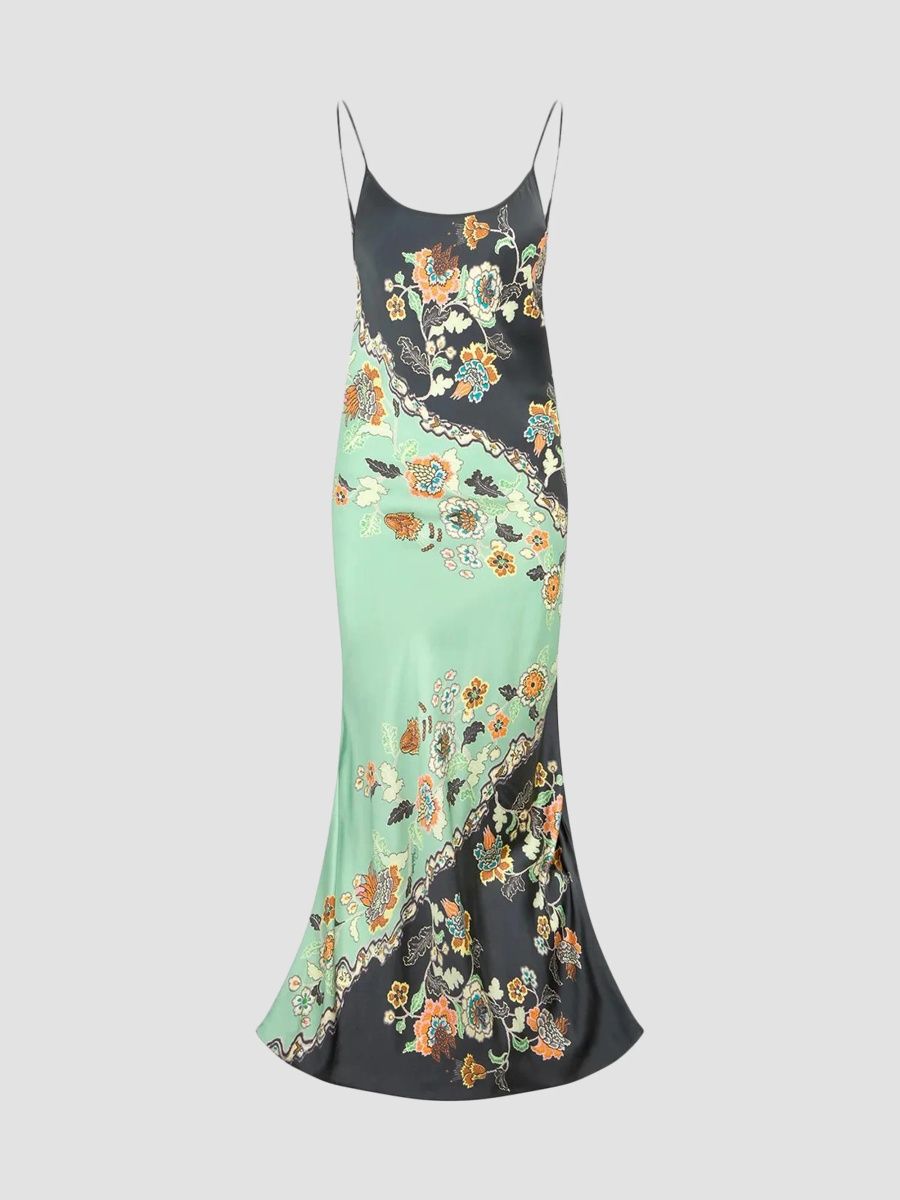 Roberto Cavalli Women's Floral Colorblocked Silk Slip Gown - Green Black - Size 6