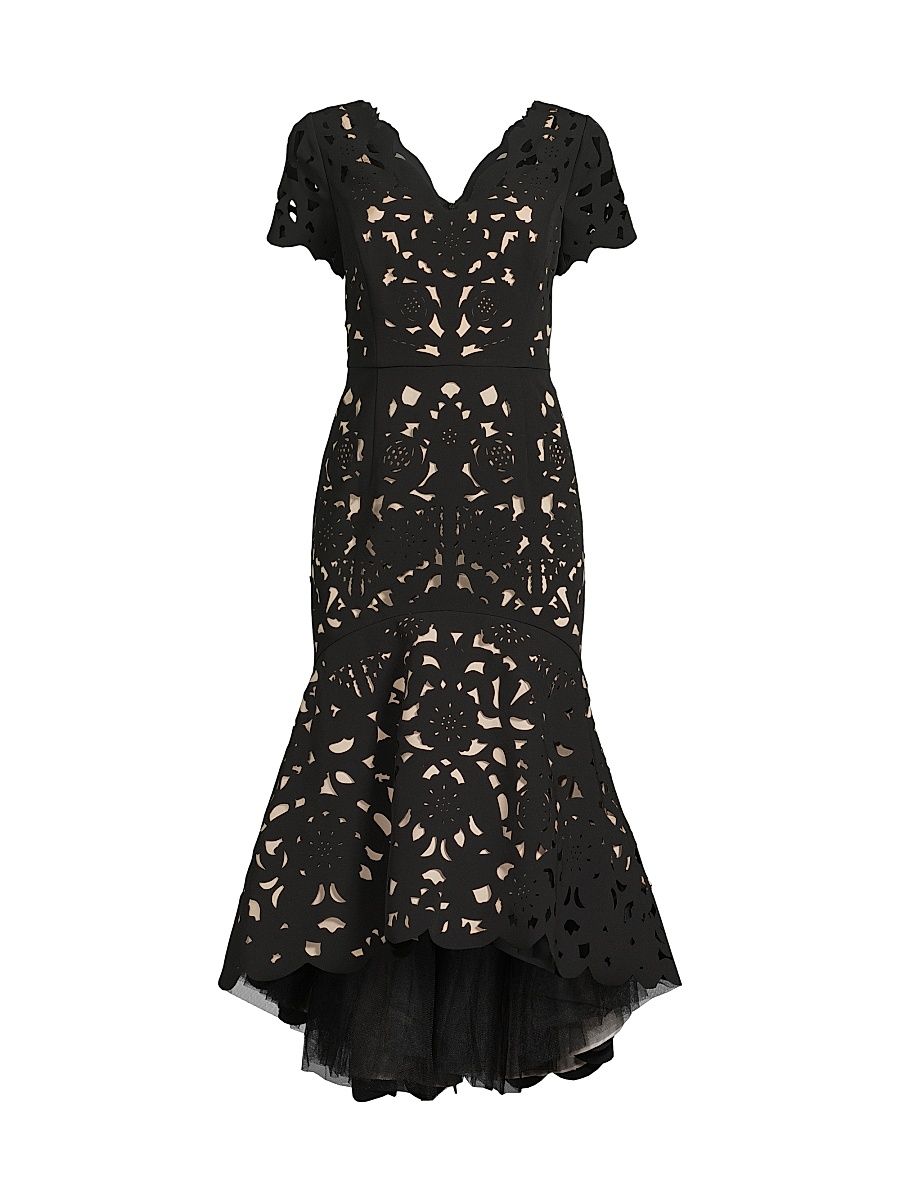 Women's V-Neck Laser-Cut Crepe Midi-Dress - Black - Size 14