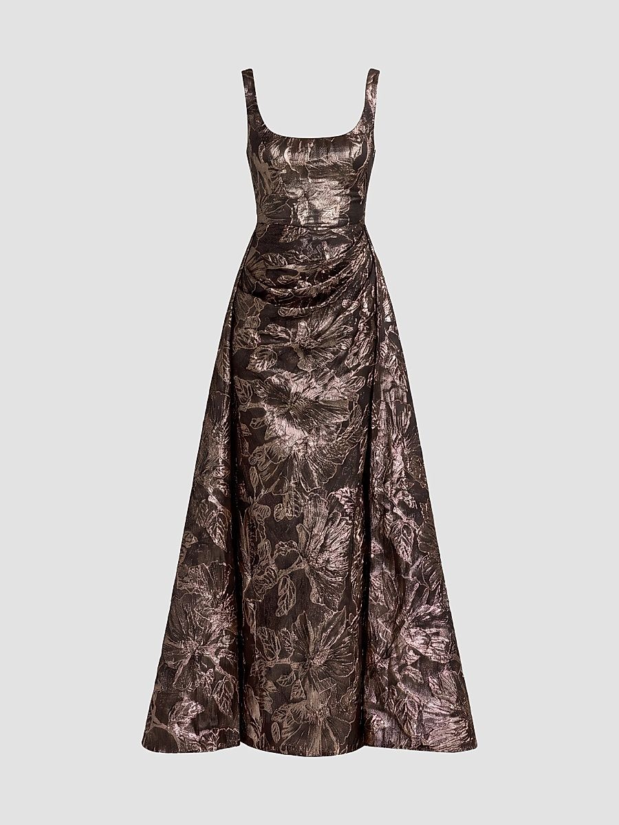 Women's Brocade Overskirt Floor-Length Gown - Bronze - Size 14