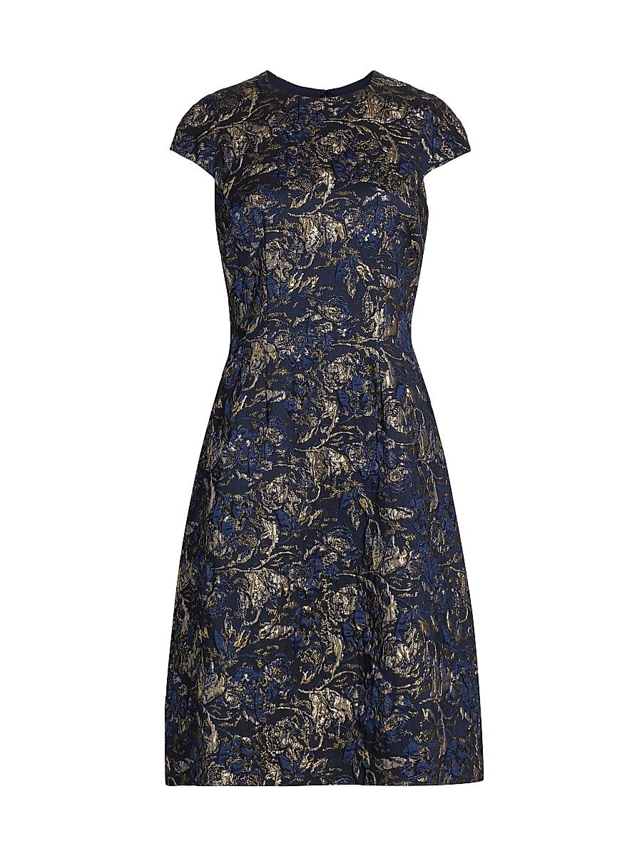 Women's Metallic Jacquard Cocktail Dress - Navy Gold - Size 16