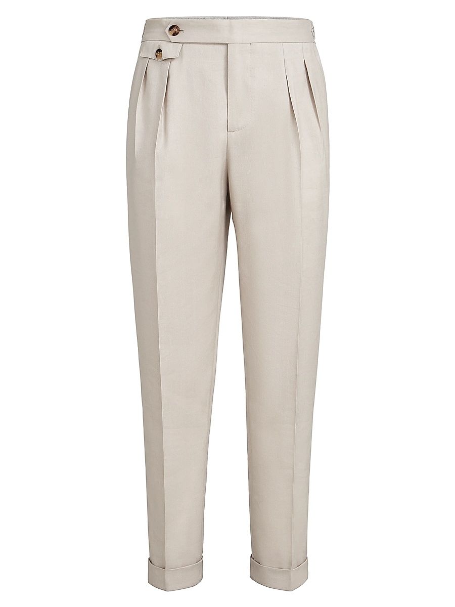 Men's Gabardine Trousers with Double Pleats and Waist Tabs - Buff - Size 48