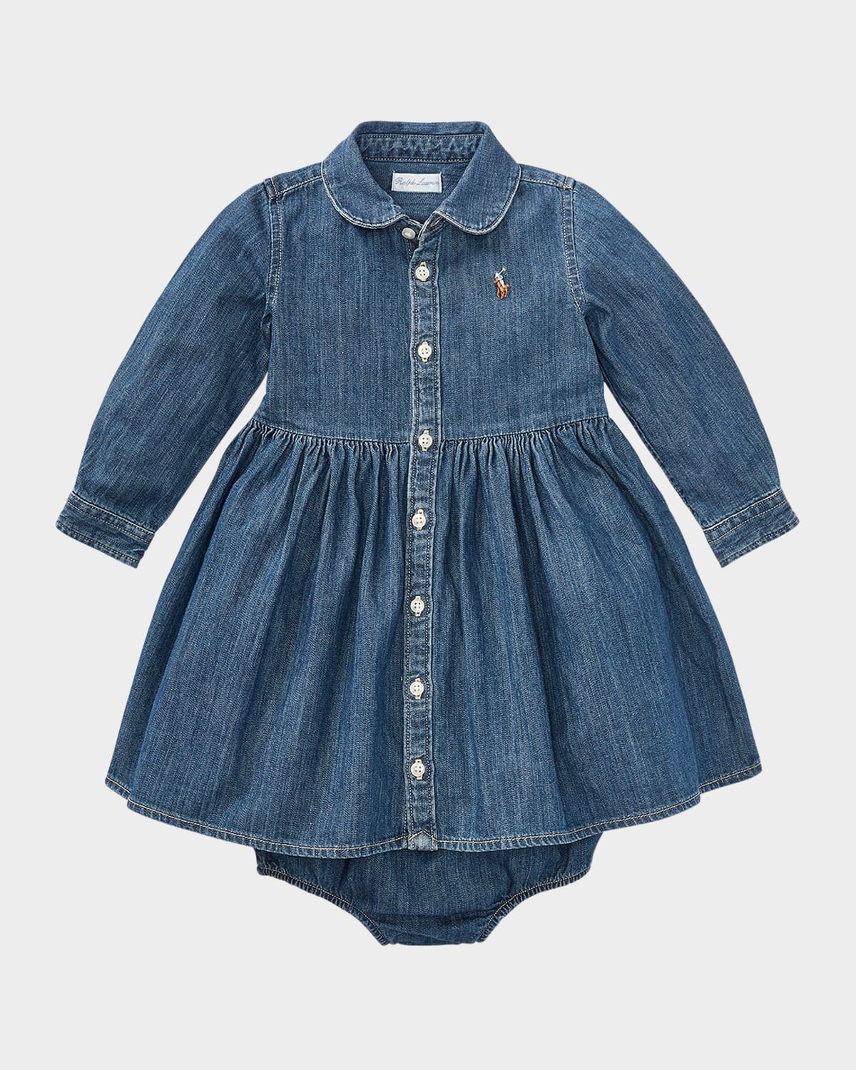 Girl & apos;s Belted Fit-and-Flare Denim Shirtdress, Size 3M-24M