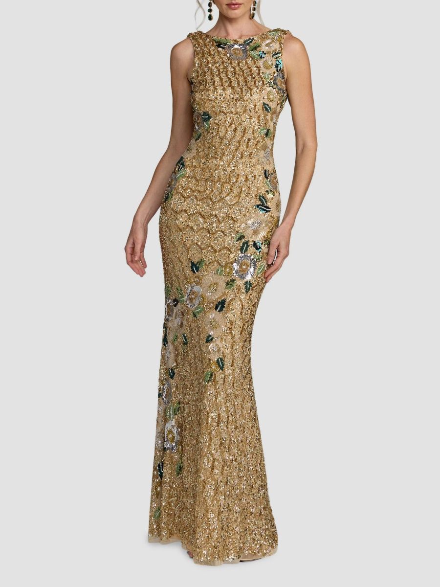 Mac Duggal Women's Floral Beaded Mesh Sleeveless Gown - Gold Multi - Size 14