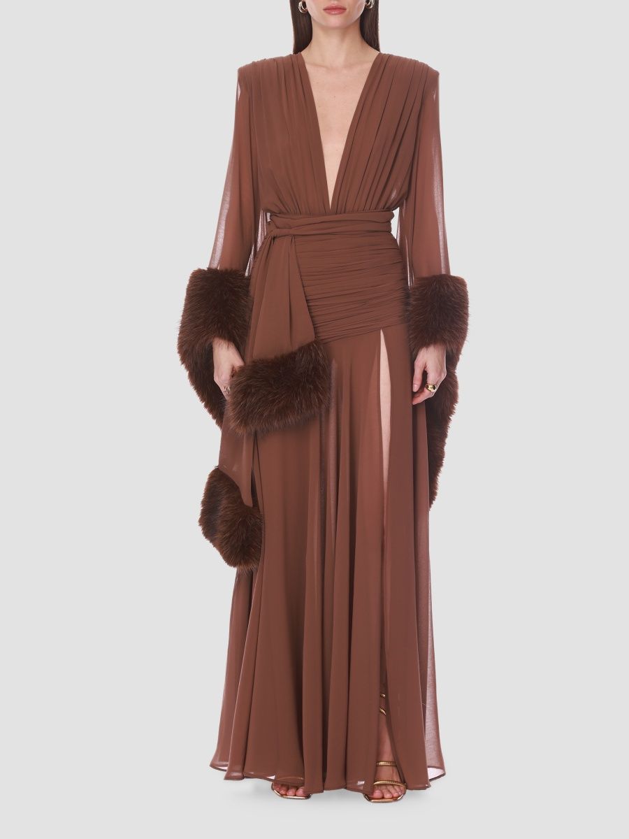 Bronx Banco Women's Silk & Faux-Fur Self-Belt Gown - Brown - Size XL