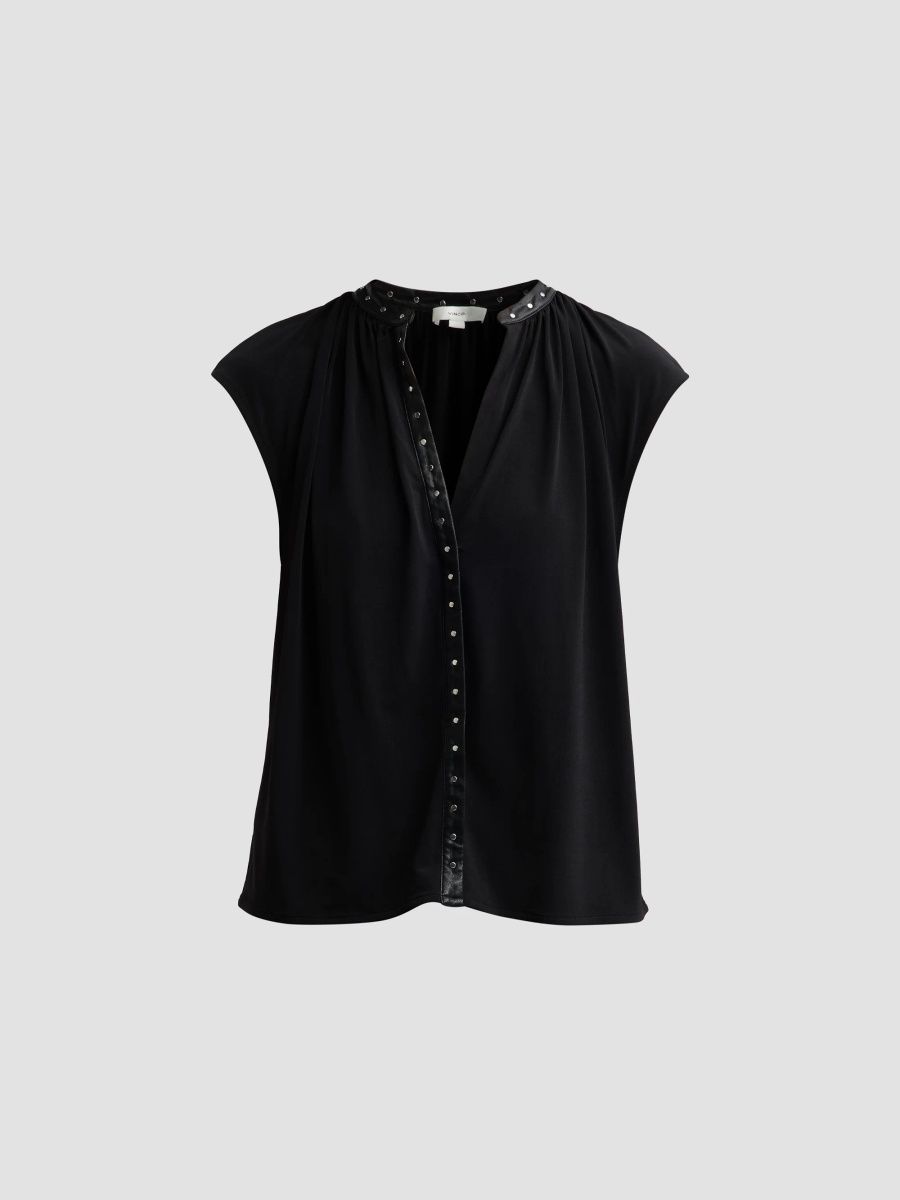 Vince Women's Cap-Sleeve Studded Jersey Top - Black - Size XS