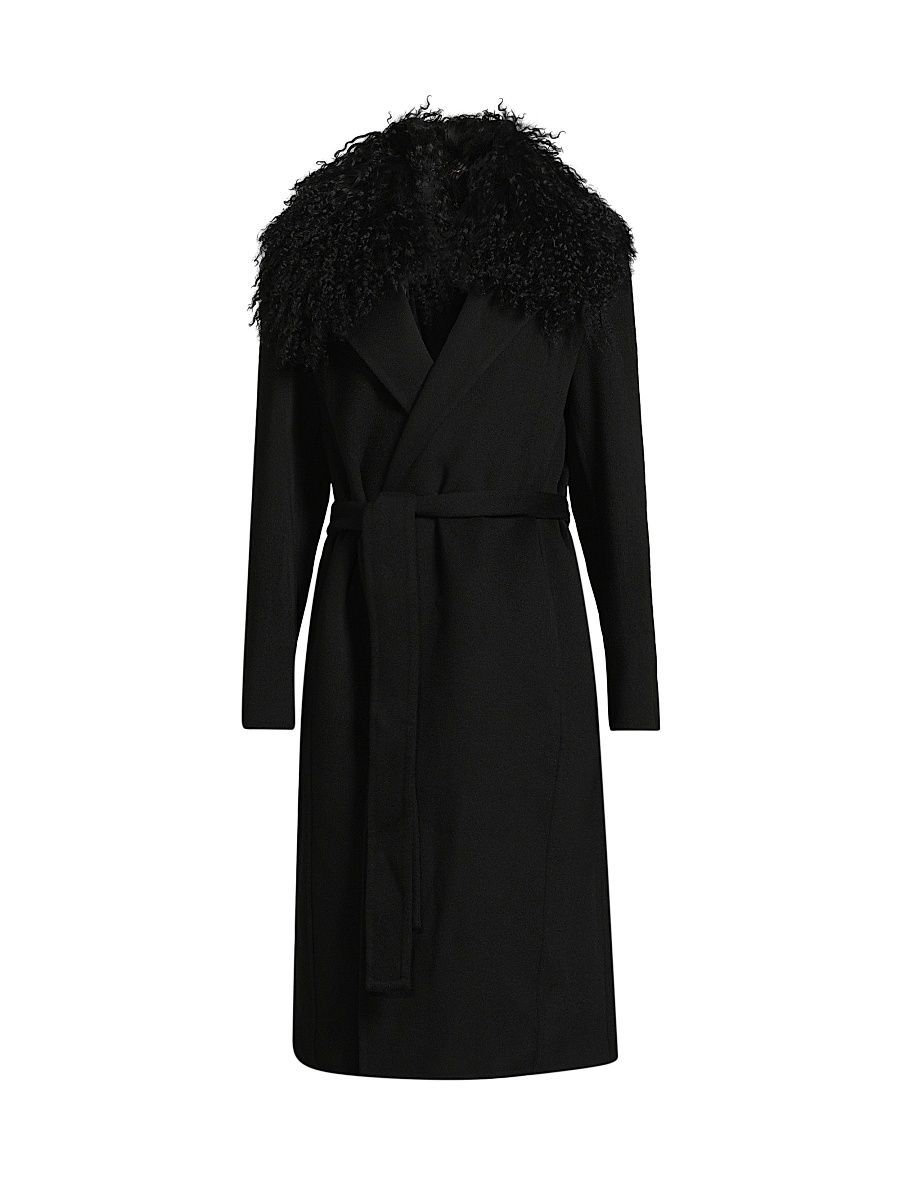 Women's Shirley Shearling Collar Wool Coat - Black - Size Large
