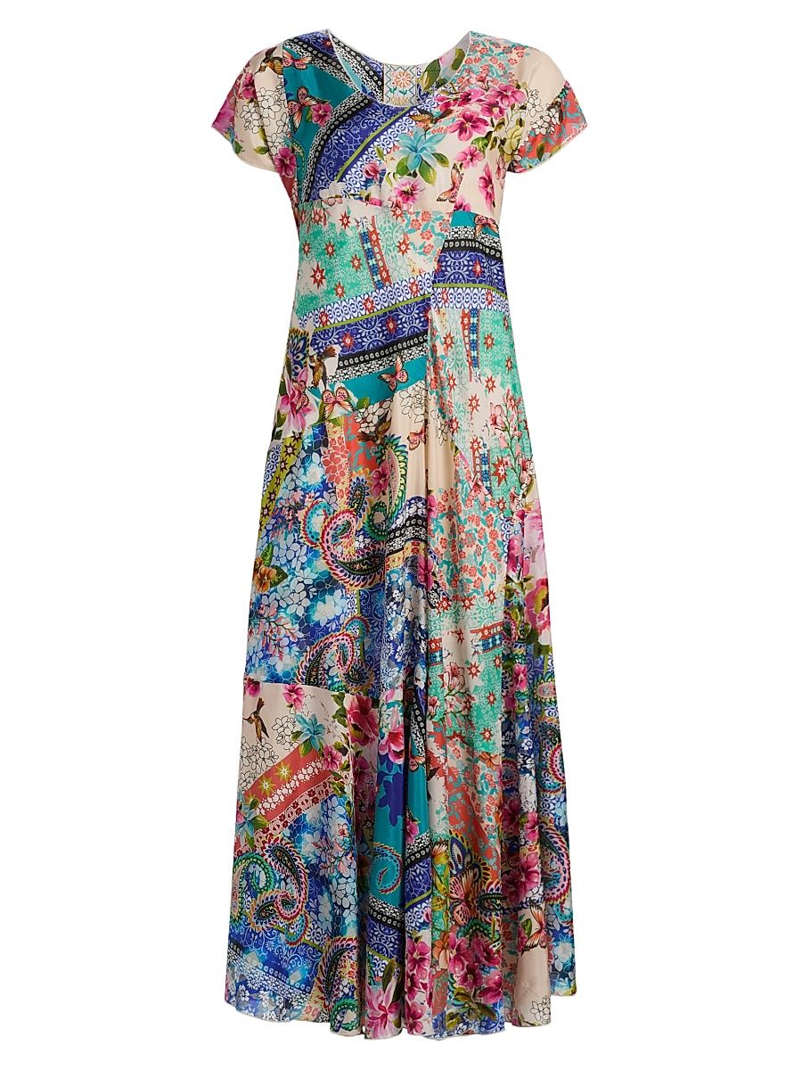 Women's Patchwork Silk Maxi Dress - Evie - Size XS