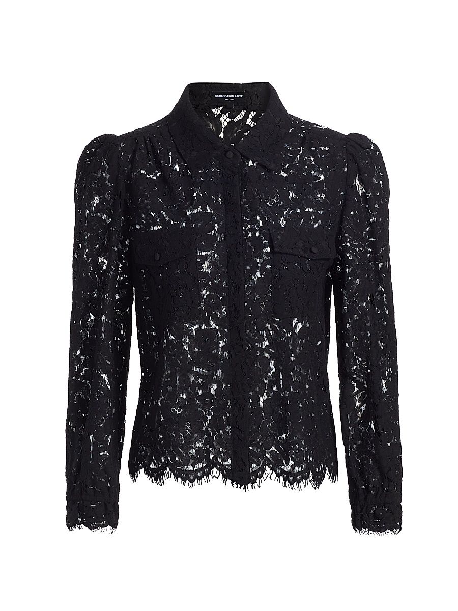 Women's Floral Lace Button-Front Shirt - Black - Size XL