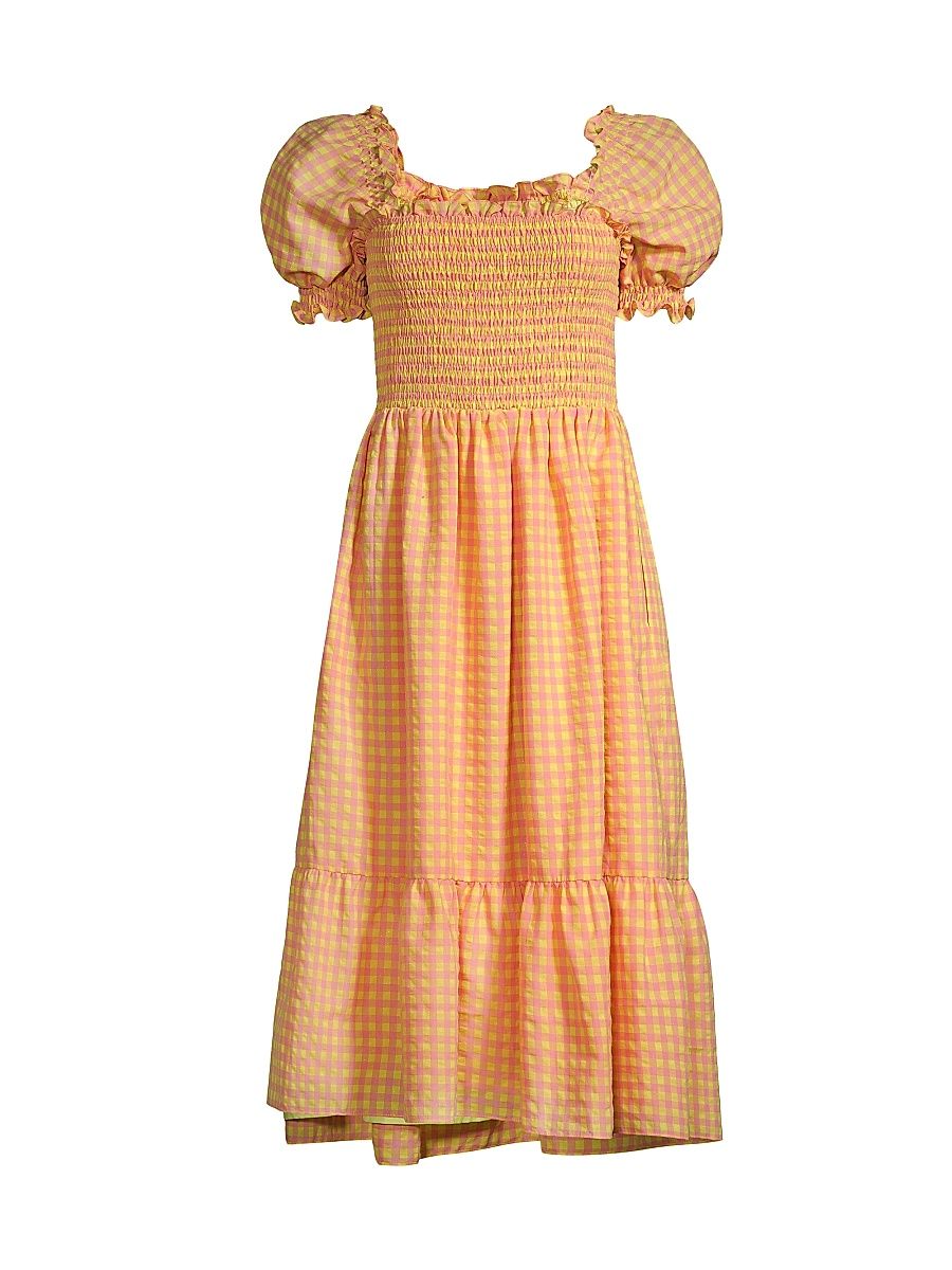 Women's Smocked Gingham-Printed Midi-Dress - Yellow - Size Large