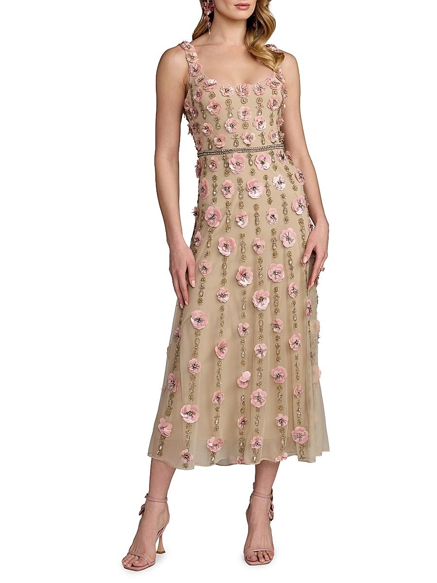Women's 3D Floral-Embellished Midi-Dress - Beige Rose - Size 14
