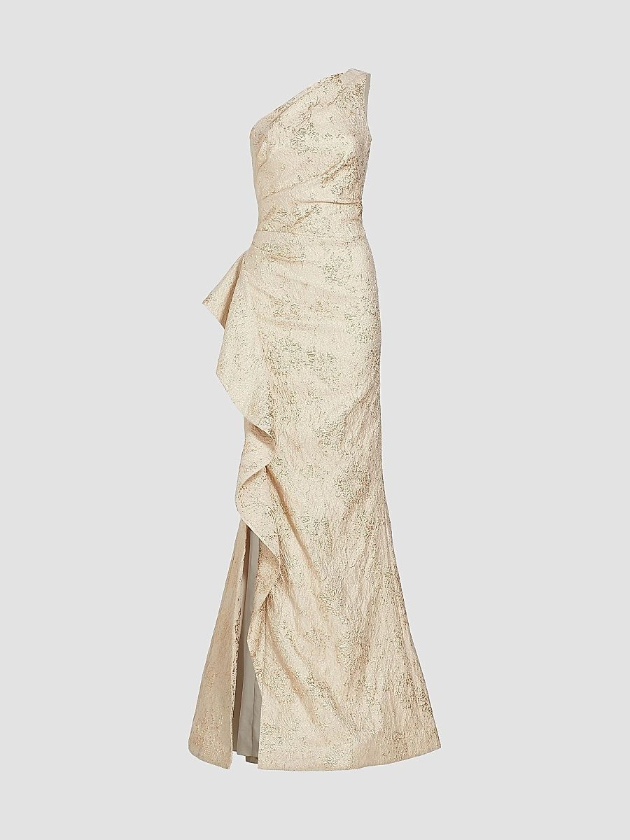 Teri Jon by Rickie Freeman Women's Metallic Jacquard One-Shoulder Gown - Gold - Size 18