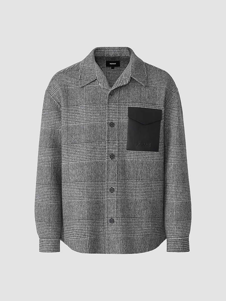 Mackage Men's Emmanuel Glen Check Double-Face Wool Shirt Jacket - Black Cream - Size 38