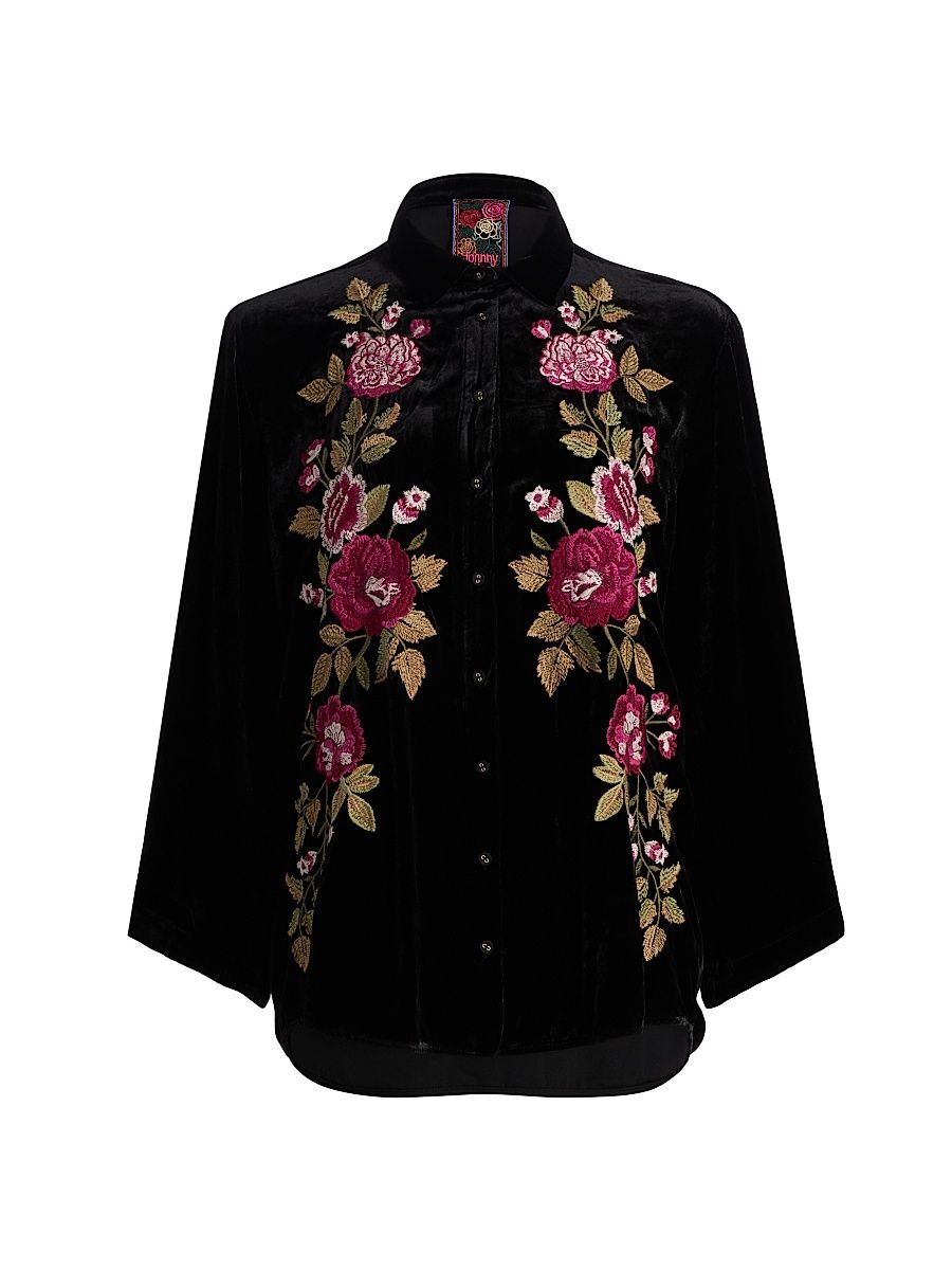 Women's Floral Embroidered Vevlet Shirt - Black - Size XL