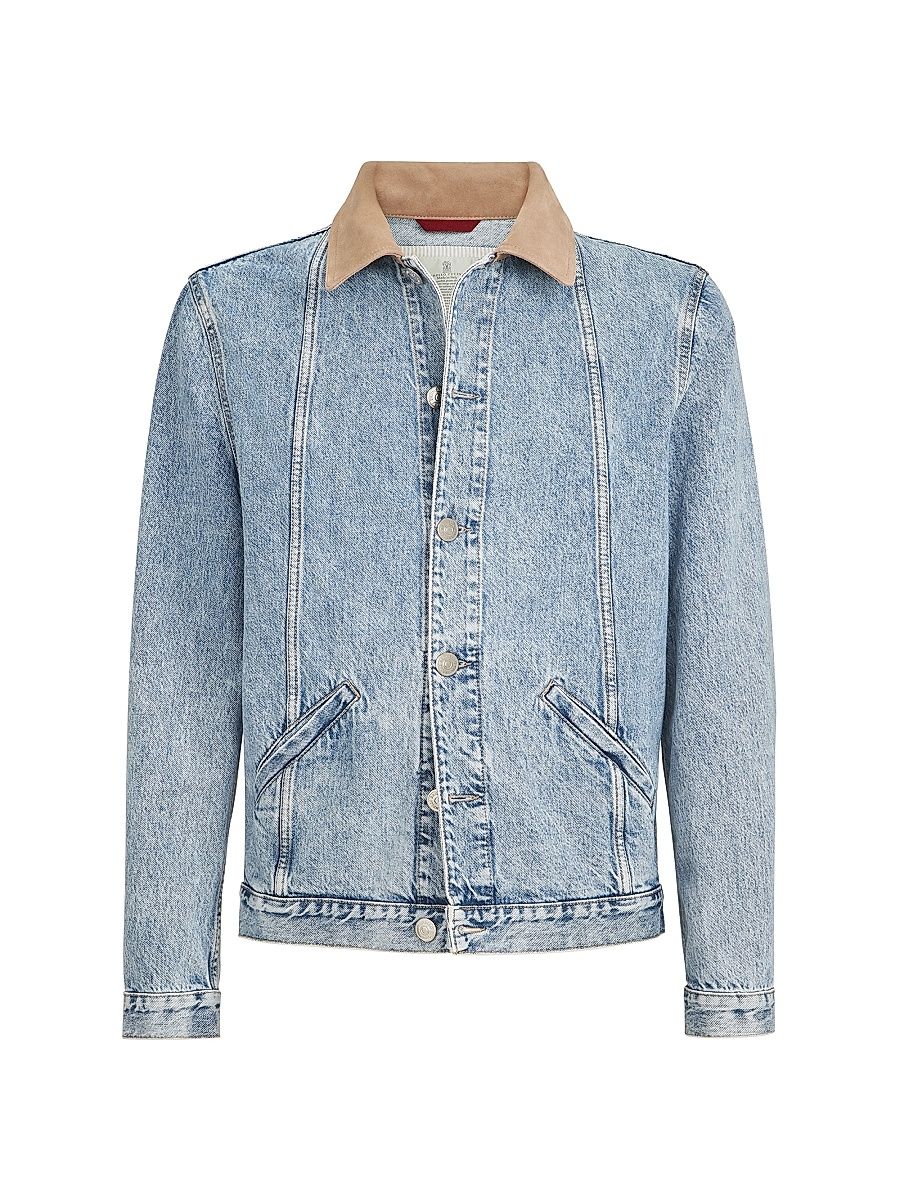 Men's Denim Outerwear Jacket with Suede Collar - Light Denim - Size 42