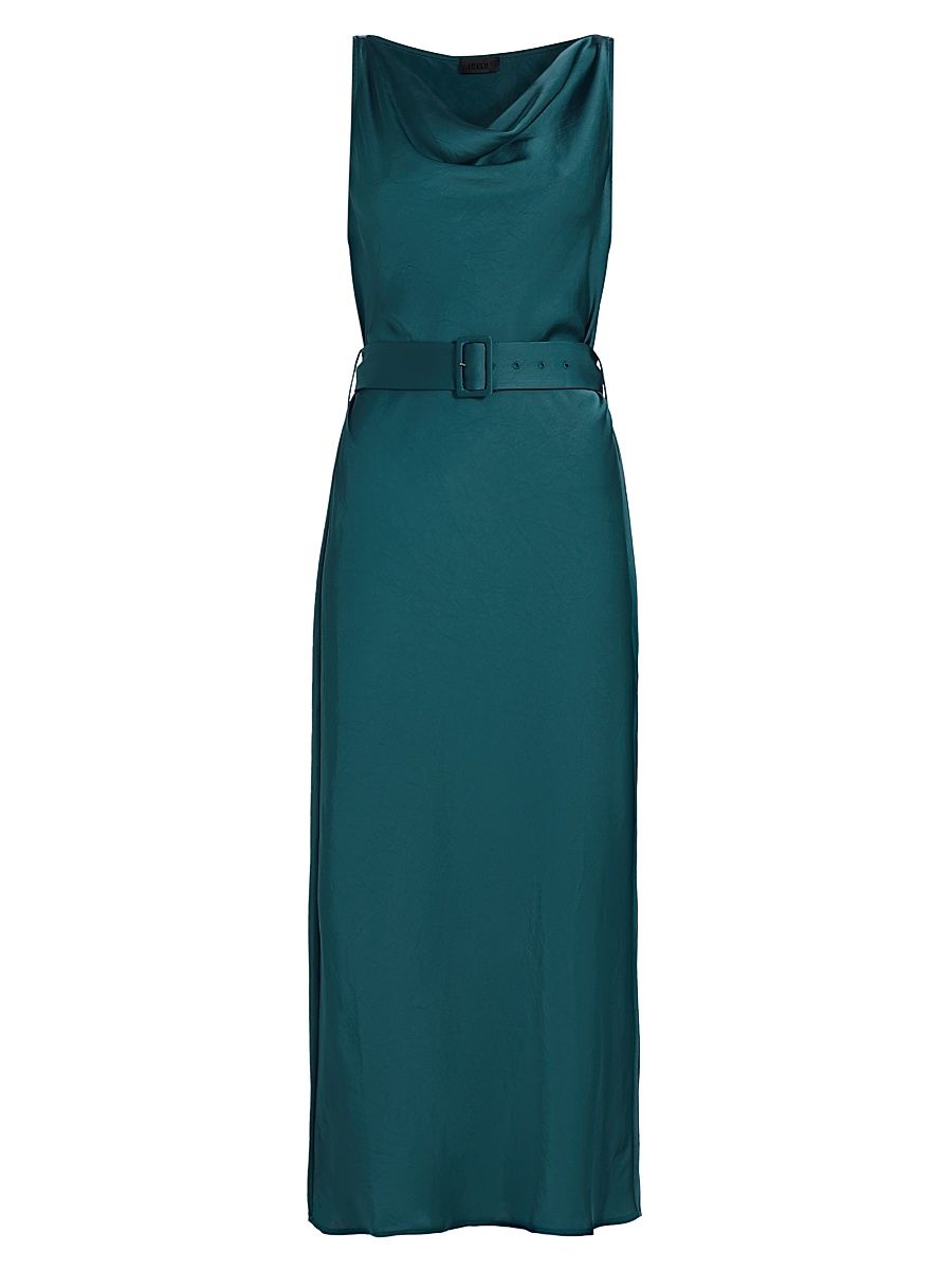 Women's Satin Cowlneck Belted Midi-Dress - Dark Teal - Size 12