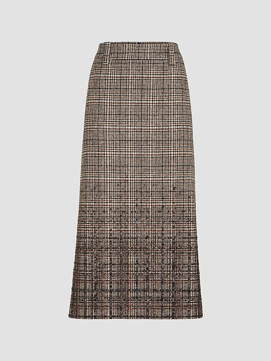 Brunello Cucinelli Women's Checked Alpaca and Wool Pencil Skirt with Dazzling Degradé Embroidery - Brown - Size 6
