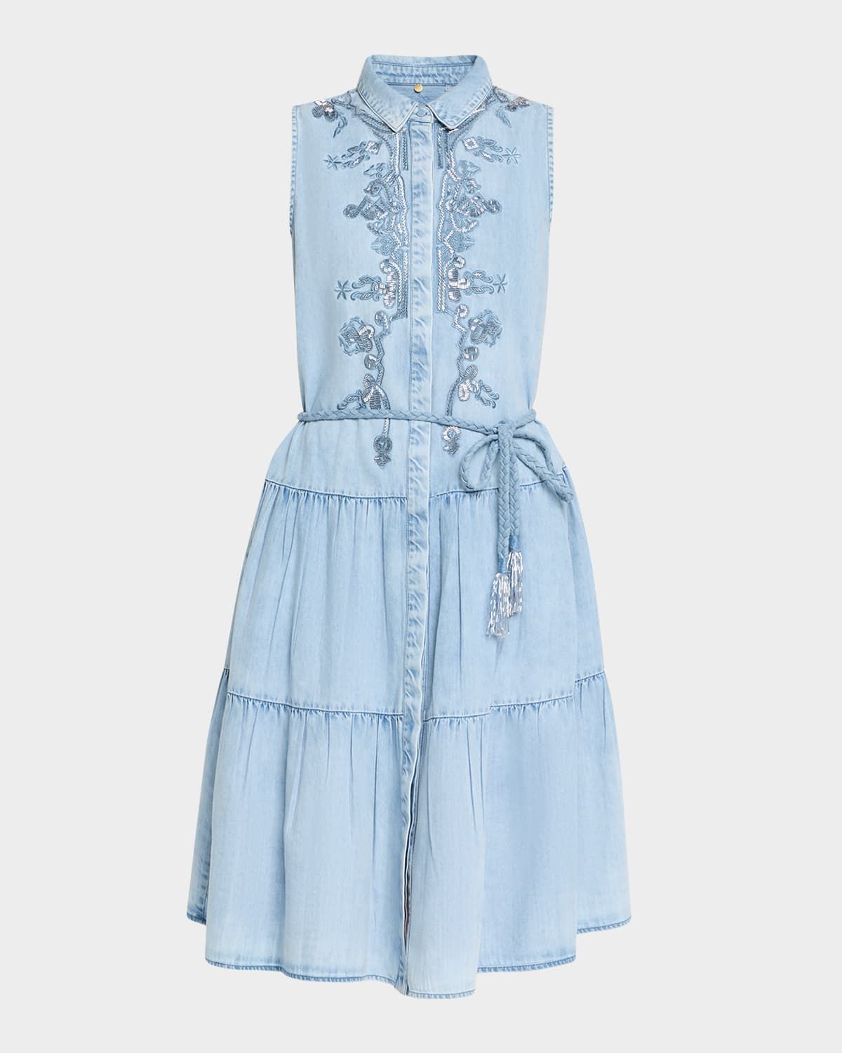 Glori Tiered Embroidered Denim Midi Dress