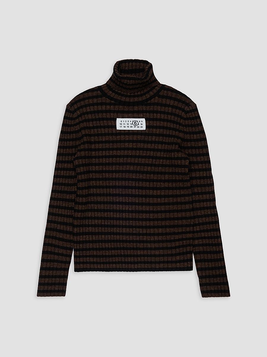 Little Kid's & Kid's Striped Jersey Turtleneck Sweater - Striped Brown - Size 8