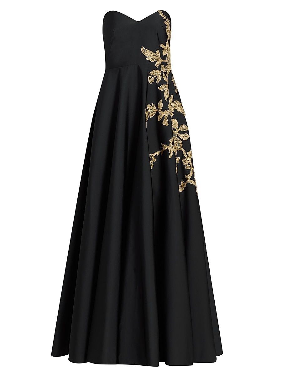 Women's Raffia Floral-Embroidered Faille Strapless Gown - Black Gold - Size 6