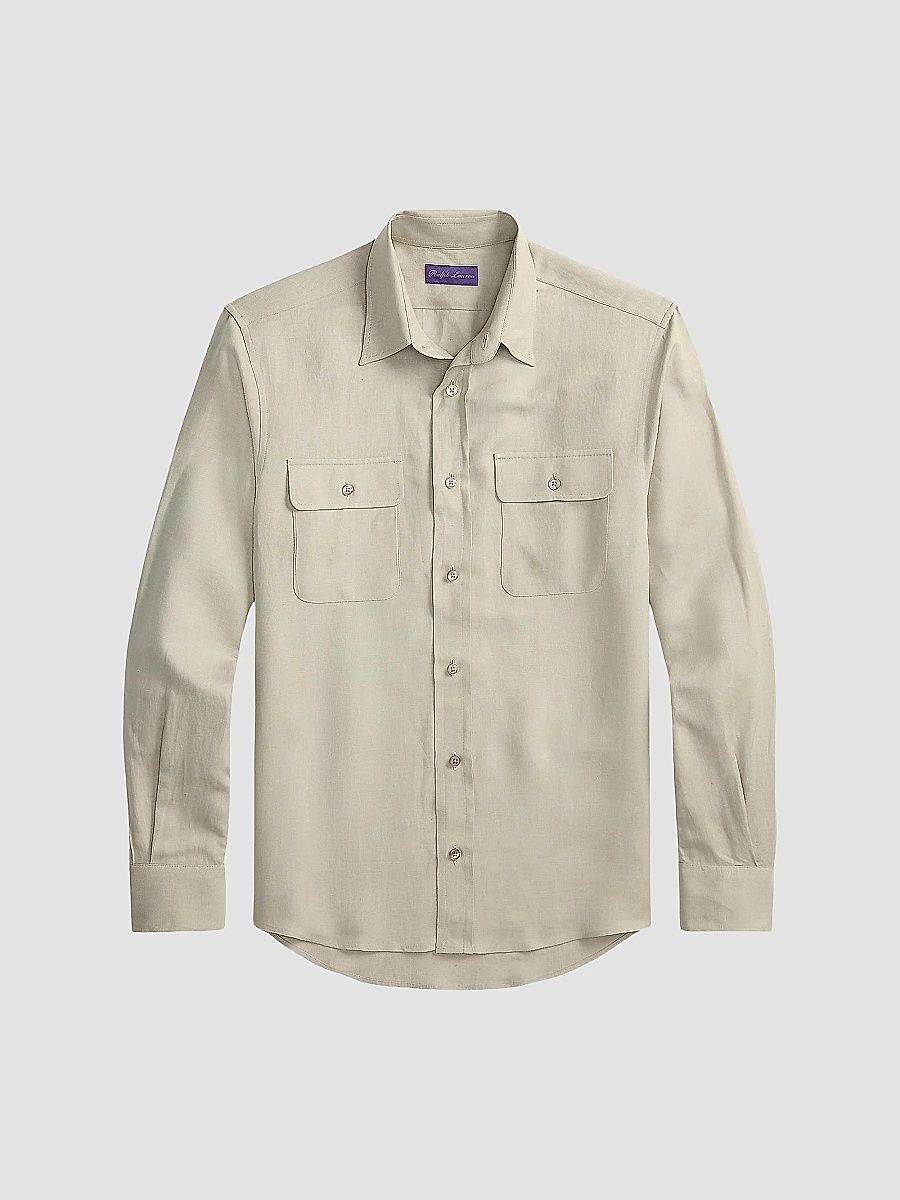 Ralph Lauren Purple Label Men's Silk-Linen Button-Front Shirt - Pearl Grey - Size Small