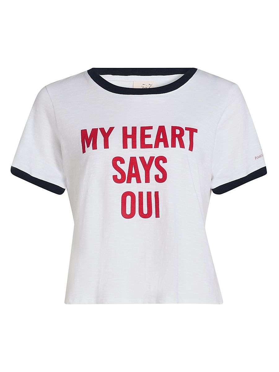 Women's My Heart Says Oui Shrunken Ringer T-Shirt - White Multi - Size XL
