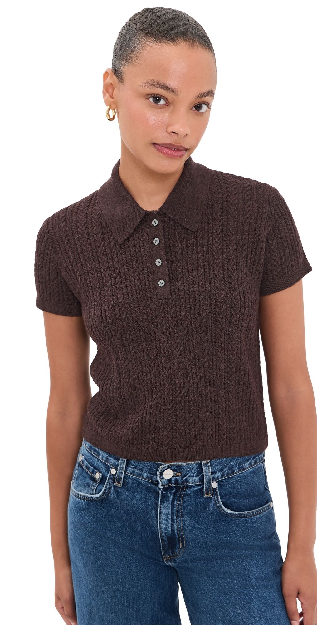 Good American The Micro Cable Polo Pullover Espresso M