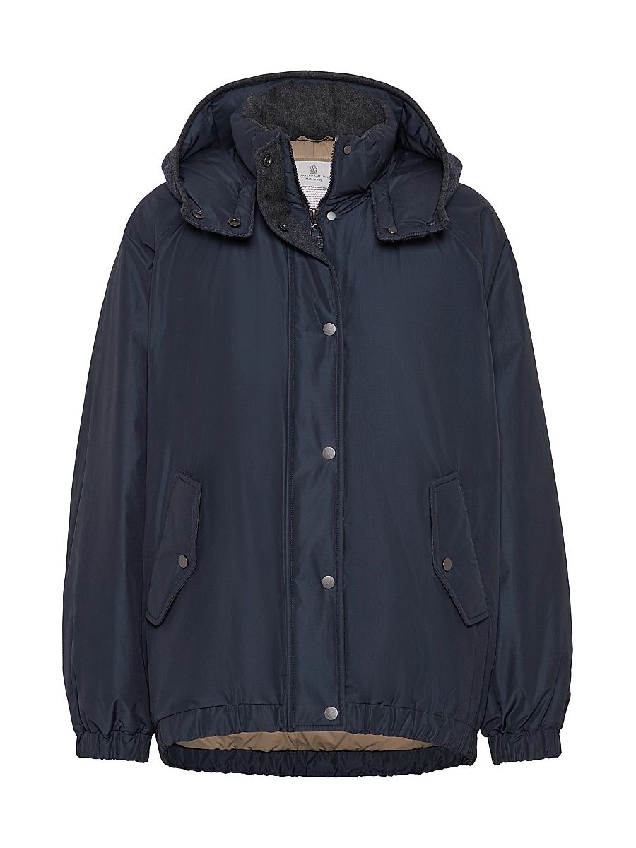 Women's Techno Cotton Water Resistant Taffeta Down Jacket with Detachable Hood and Shiny Zipper Pull - Blue - Size 0