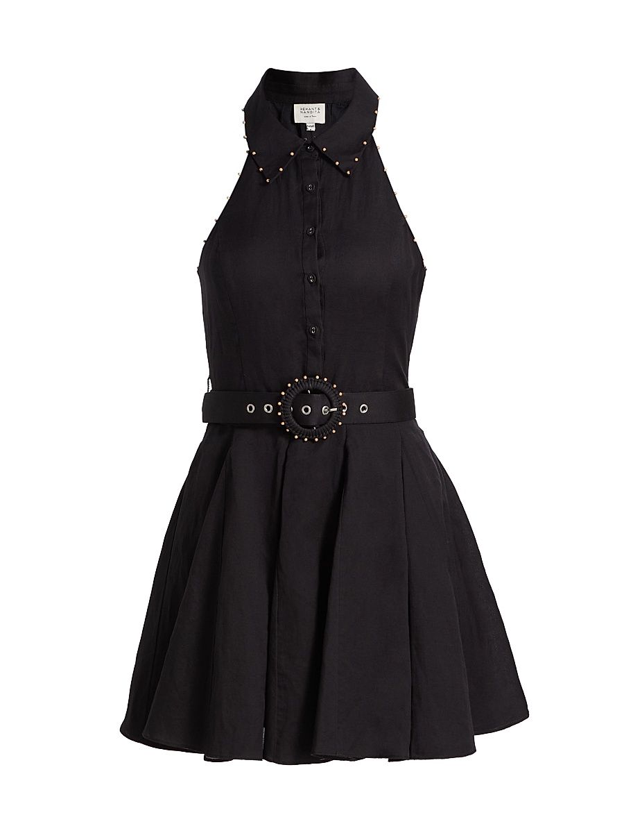 Women's Kavi Embroidered Linen-Cotton Belted Minidress - Black - Size Large