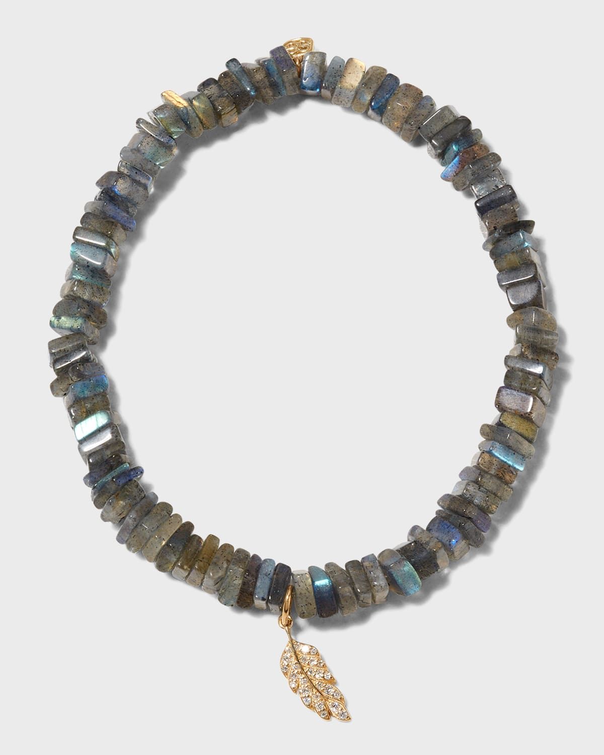 Tiny Pave Feather Charm on Labradorite Square Heishi Bracelet