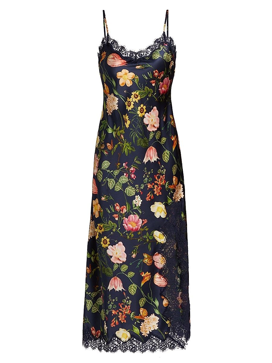 Women's Granada Floral Lace-Trimmed Stretch-Silk Midi-Dress - Stems Evening Blue - Size XS
