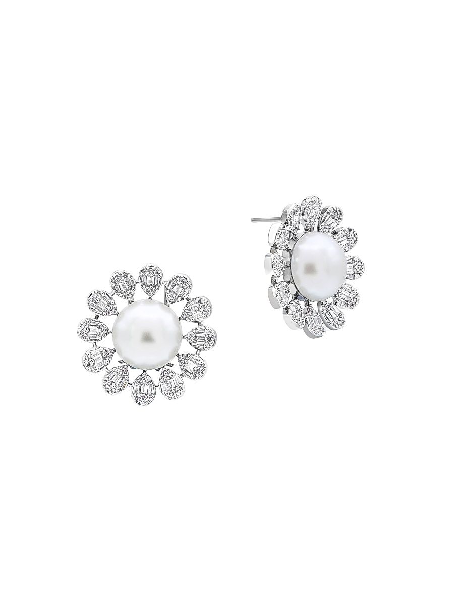 Women's Émilie Silver-Plated, Imitation Pearl & Cubic Zirconia Halo Stud Earrings - Pearl Silver