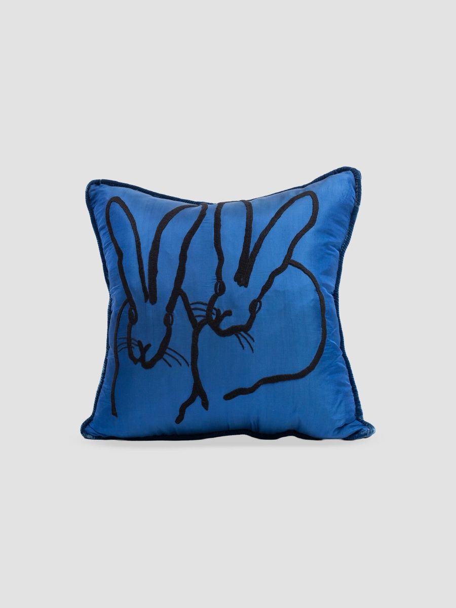 Hunt Slonem Bunny-Embroidered Silk & Velvet Pillow - Blue