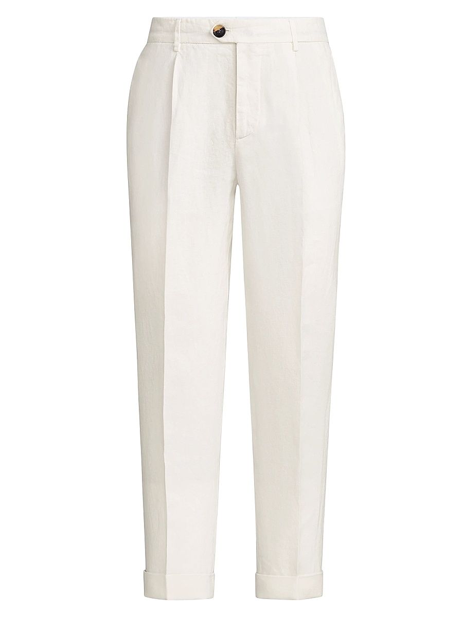 Men's Garment Dyed Trousers in Linen Gabardine with Pleats - Snow - Size 50