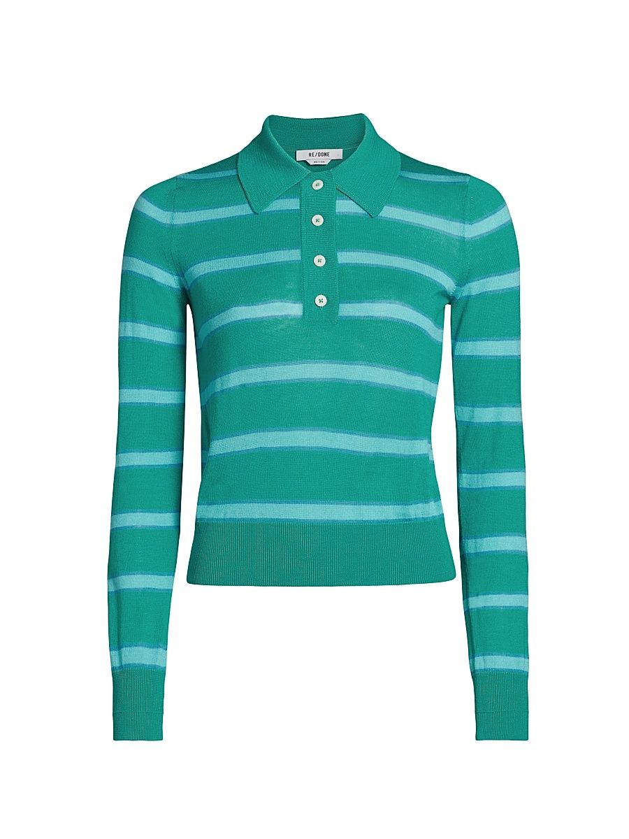 Women's The Memphis Striped Wool-Blend Polo Shirt - Aqua Verde Stripe - Size Large