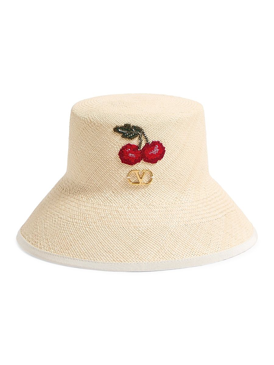 Women's VLogo Signature Straw Bucket Hat with Leather Trim - Natural Multicolor - Size Medium