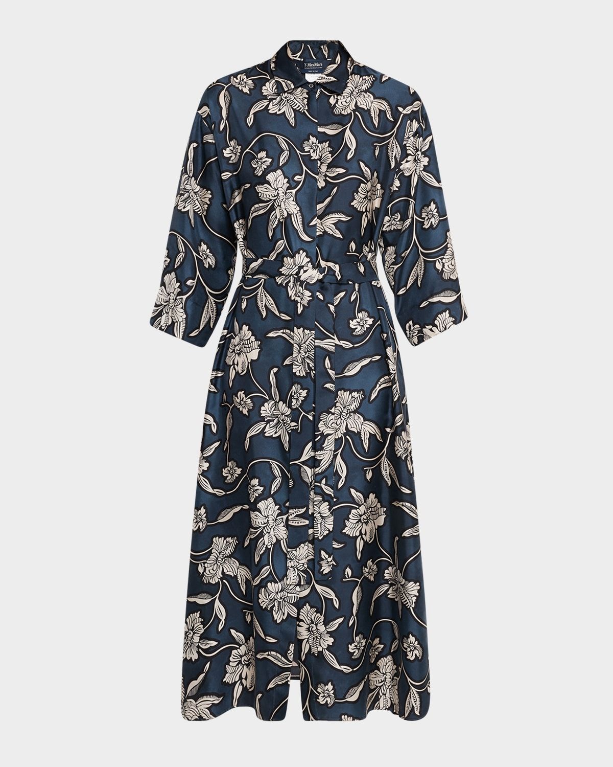 Peonia Floral Silk Belted Midi Shirtdress