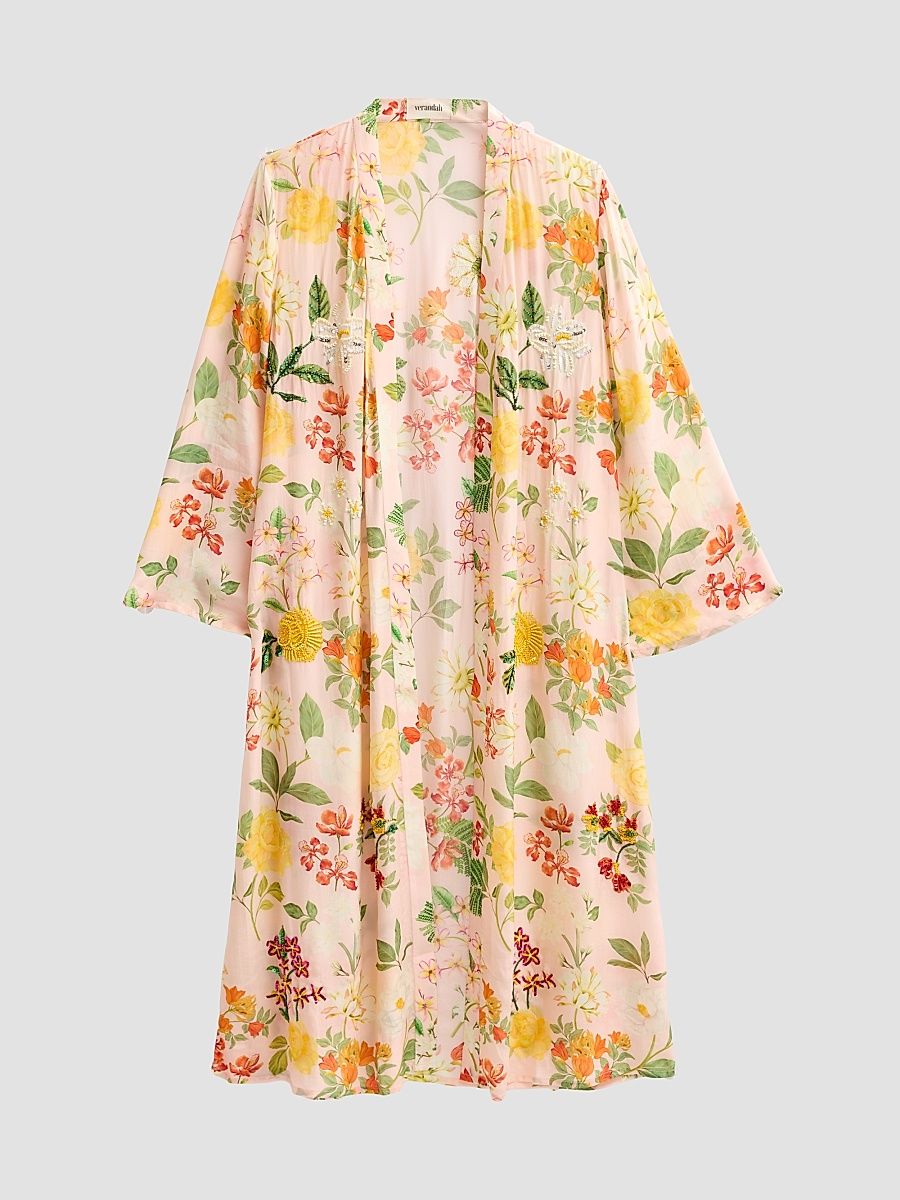 Women's Ammama Hand-Beaded Botanical Caftan - Blush Multi Floral - Size XL