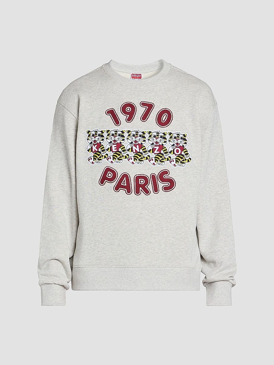 Kenzo Men's Wild Tiger Embroidered Crewneck Sweatshirt - Pale Grey - Size Small