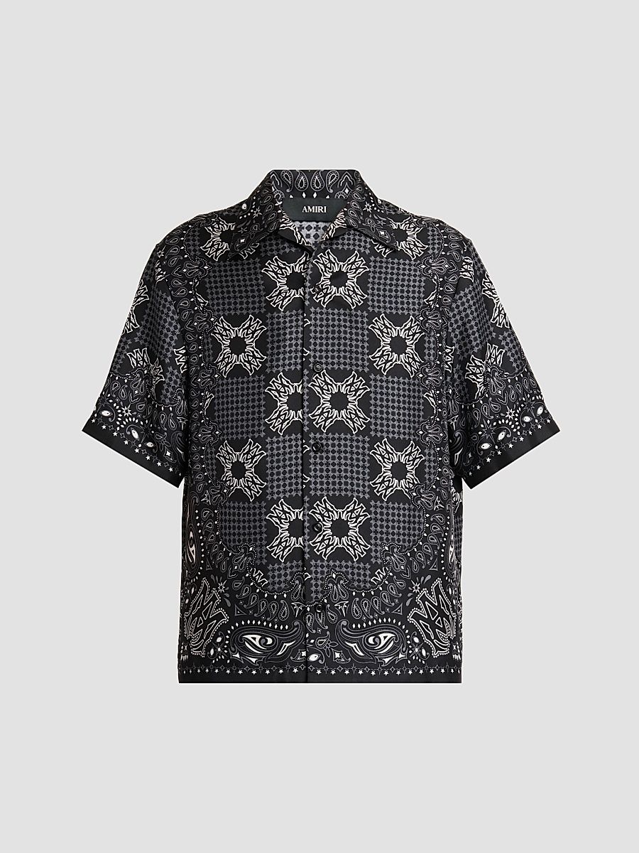 Men's Printed Logo Monogram Silk Shirt - Black - Size XS