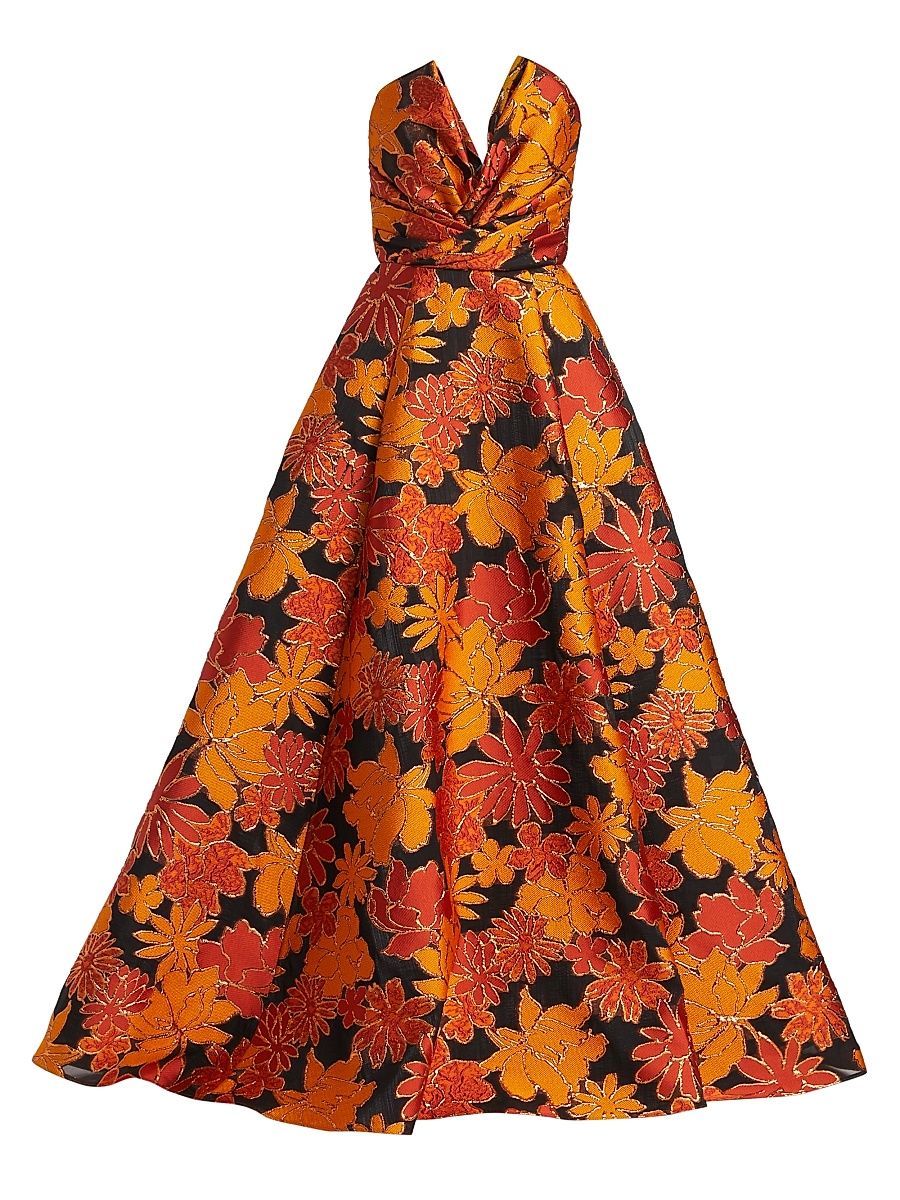 Women's Floral Strapless A-Line Gown - Orange Multi - Size 12